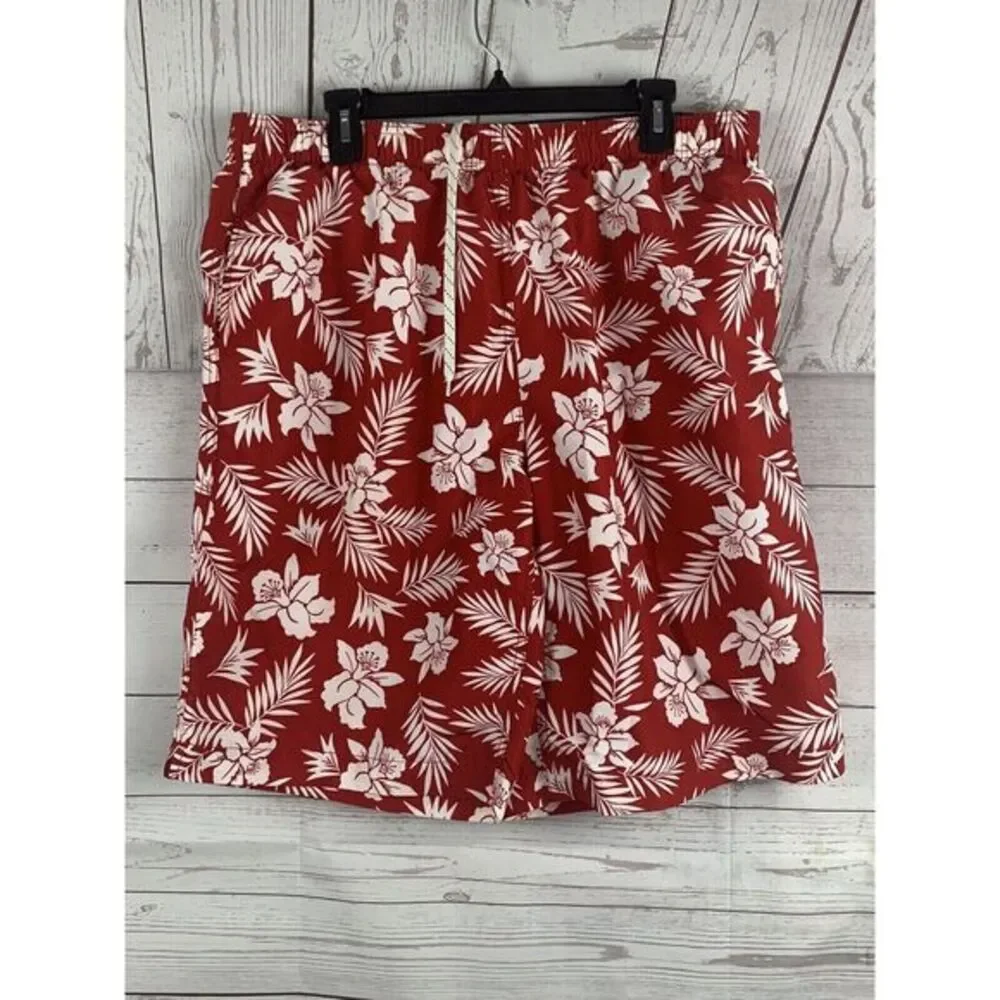 Lands End Board Shorts Mens Size‎ Large 36-38 Red/white Tropical Swim Trunks